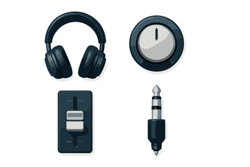 Over-ear headphones, volume control dial, dual-slider equalizer, and audio plug for sound equipment