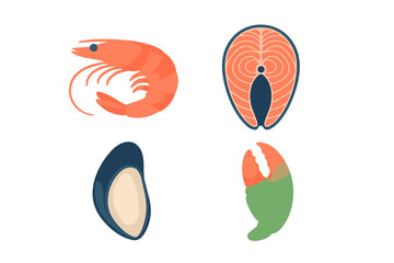 Delicious fresh seafood collection featuring shrimp, salmon steak, mussel, and crab claw on a clean white background