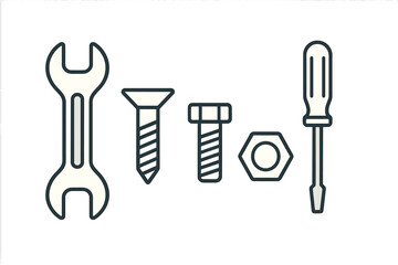 Essential hand tools for repair and construction including wrench, screws, nut, and screwdriver