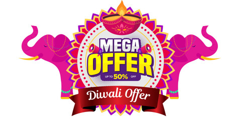 Mega Diwali Offer 50% Off Banner Vector Design with Festive Lights and Sale Tags