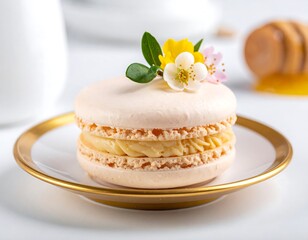 Delicate pastel macaron with flower garnish