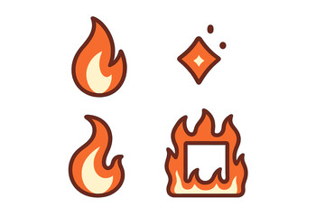 Set of stylized fire flame and sparkle icons for various digital design elements and user interfaces, including a burning square