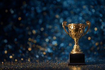 Golden trophy stands on a dark surface with a glittering bokeh background. Concept for achievement celebration, championship success and corporate recognition