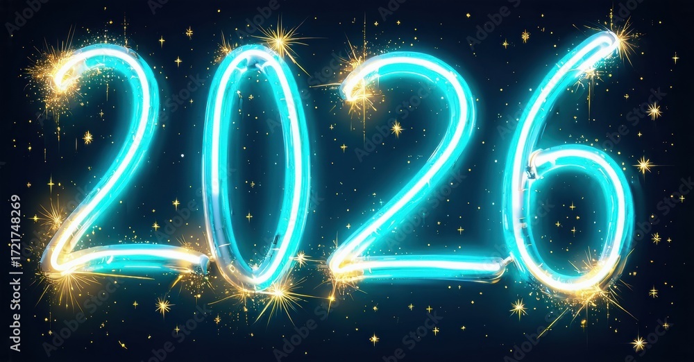 Poster bright neon numbers display year 2026. sparkling stars surround glowing digits against dark backgrou