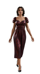 Stylish young woman in a shiny red patterned jumpsuit with puff sleeves walking confidently, perfect for fashion and casual photoshoots