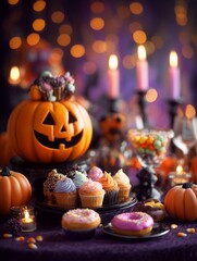 Fototapeta premium Festive Halloween table arrangement with carved pumpkin, cupcakes, doughnuts and burning candles creating a spooky atmosphere, concept for Halloween party decorations, autumn celebrations and events