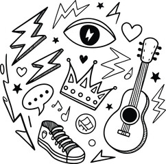The Eternal Rise of Heavy Meta. Doodle icon drawn punk music sketch set.