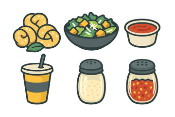 Selection of common restaurant side dishes and condiments featuring fresh salad, bread, sauce, and seasoning shakers