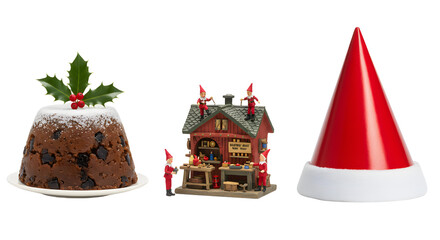 Fototapeta premium Traditional Christmas pudding, miniature holiday house decoration, and classic red Santa hat on white background, perfect for holiday and festive designs