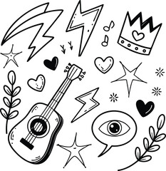 The Eternal Rise of Heavy Meta. Doodle icon drawn punk music sketch set.