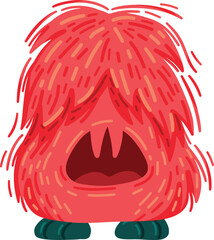 A fuzzy red monster with a large mouth and teal feet