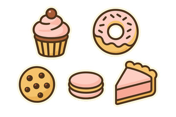 Collection of various sweet dessert treats including a cupcake, donut, chocolate chip cookie, macaron, and a slice of pie