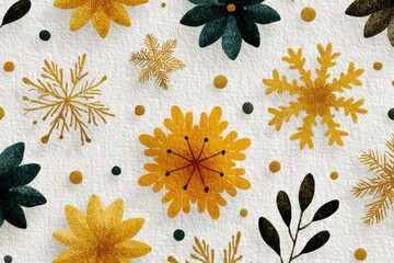 Golden and Green Floral and Snowflake Pattern on White Background