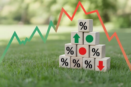 Conceptual image of financial growth and decline represented by stacked blocks with percentage signs and directional arrows overlaid with a fluctuating stock market graph on a grassy background