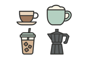Assortment of coffee beverages and brewing tools featuring a traditional cup, latte mug, iced drink, and moka pot