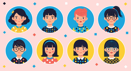 Diverse Childrens Portraits in Circular Frames with Varied Hairstyles and Clothing.