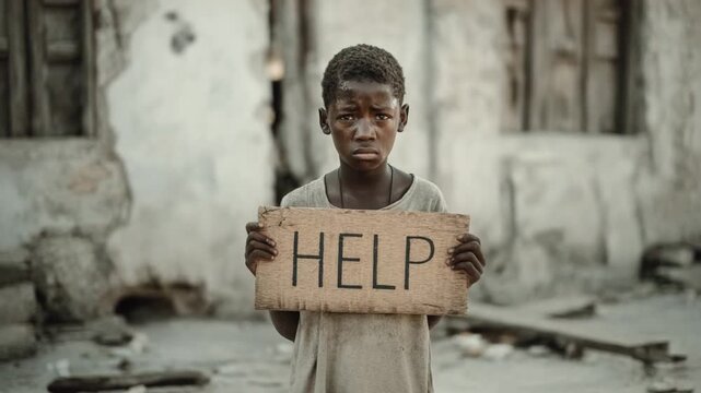 Voice for Help: A poignant portrayal of a young person, conveying desperation, holds a simple sign demanding aid, framed within a setting of poverty and adversity, highlighting humanitarian themes.