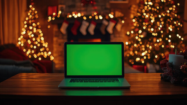 Laptop displaying green screen amid festive Christmas decor, wooden desk, decorated tree, stockings, creating cozy holiday workspace atmosphere - Powered by Adobe