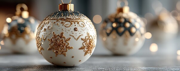 Elegant white and gold Christmas ornaments with intricate designs and festive ambiance