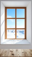 Fototapeta premium Cozy window view with snow and blue sky.