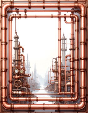 Steampunk city framed by pipes