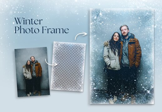 Winter Photo Frame Flyer Template & Snow Overlay Photo Effect with Frost Border