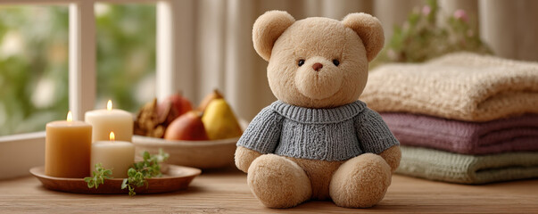 Cozy teddy bear knitted sweater sits wooden table, surrounded by candles, fruits, and folded blankets, creating warm