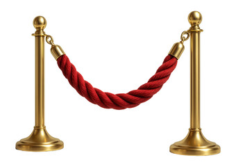 Luxurious red velvet rope with golden poles against a white backdrop.