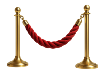 Luxurious red velvet rope with golden poles against a white backdrop.