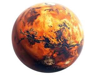 Fiery, detailed view of a round, rust-colored planet.  Darker,  rocky features and lighter, sandy regions are prominent