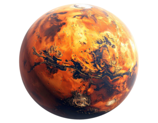 Fiery, detailed view of a round, rust-colored planet.  Darker,  rocky features and lighter, sandy regions are prominent