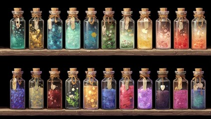 Two rows of colorful glass bottles