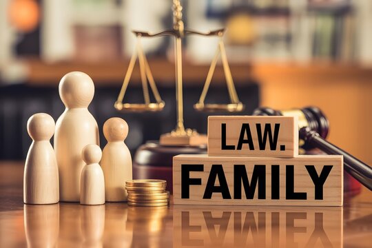 Symbolic representation of family law and justice with wooden figures scales of justice coins and gavel on a wooden surface with blurred background