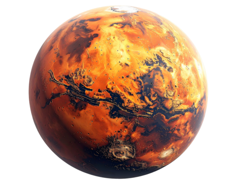 Fiery, detailed view of a round, rust-colored planet.  Darker,  rocky features and lighter, sandy regions are prominent