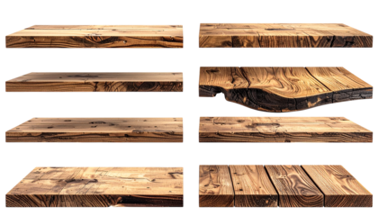 Nine wooden tabletop surfaces in various styles.  Different wood grain patterns, some with exposed edges