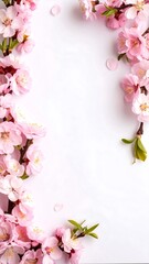 Delicate pink blossoms frame a white background