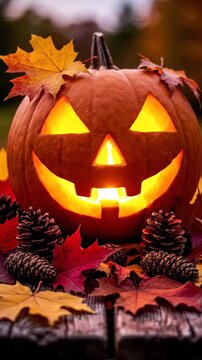 A glowing Halloween jack-o'-lantern with a carved spooky face. Vertical video of an autumn decoration with fall leaves and pine cones. Traditional holiday celebration concept.