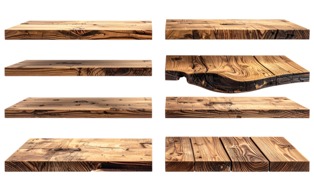 Nine wooden tabletop surfaces in various styles.  Different wood grain patterns, some with exposed edges - Powered by Adobe