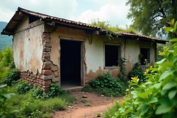 A dilapidated shack, crumbling walls, and overgrown weeds depict the harsh realities of impoverished circumstances and the struggle against failure , lack of resources, dereliction, wreckage