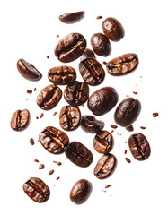 Roasted coffee beans, scattered in mid-air, against a dark background.  