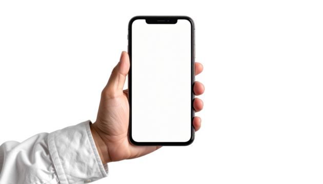A hand holds a smartphone with a blank screen - Powered by Adobe