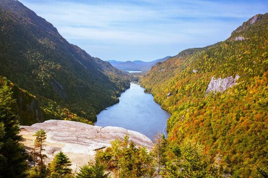 Autumn day showing leaves seen from  Indian Head overlook at Adirondack State Park, NY