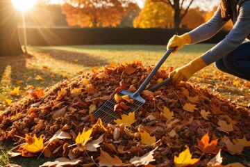 Frau harkt Laub im Herbst, Gartenarbeit bei Sonnenuntergang