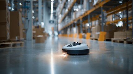 Clear medium shot of a roboticsbased industrial vacuum cleaner autonomously cleaning a spacious warehouse floor with the distant shelves and boxes softly blurred.