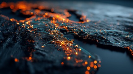 Detailed abstract Earth map with glowing city lights and connected networks, concept for global communication, data visualization and international business expansion