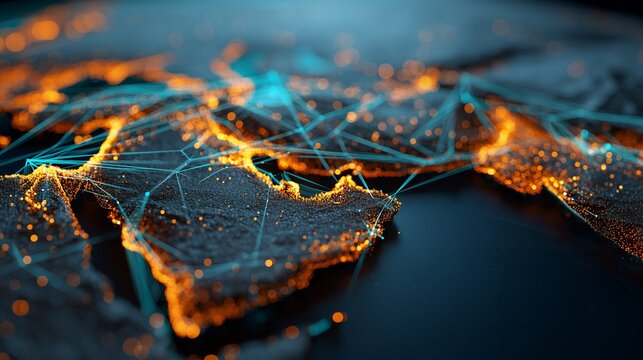 Abstract world map with interconnected glowing dots and lines on dark background. concept for global network, data visualization and technology infrastructure