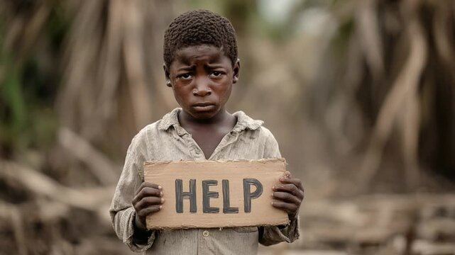 A Solemn Plea: A poignant image of a young child, conveying profound distress and vulnerability. The boy&rsquo;s forlorn expression and the stark message HELP communicate a desperate need.