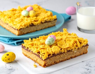 Easter treats; chocolate-covered cookies topped with corn flakes and pastel-colored eggs