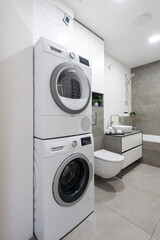 Modern Bathroom Interior with Washer and Dryer Appliances Neatly Incorporated