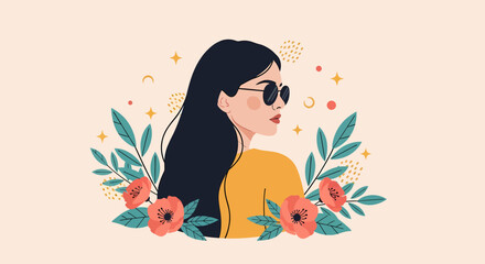 Stylish Woman with Sunglasses and Floral Accents Retro Aesthetic Illustration.